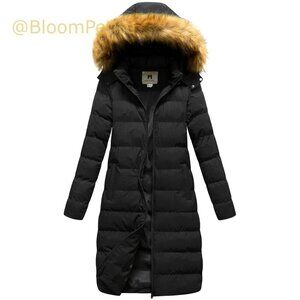 Long Winter Faux Fur Coat Puffer Jacket with Detachable Hood